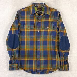 Pladra Flannel Shirt Mens S Blue Green Plaid Outdoors Turkey Elbow Patch USA